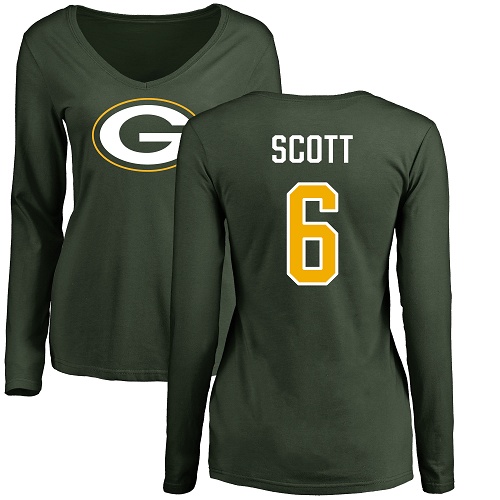 Green Bay Packers Green Women #6 Scott J K Name And Number Logo Nike NFL Long Sleeve T Shirt